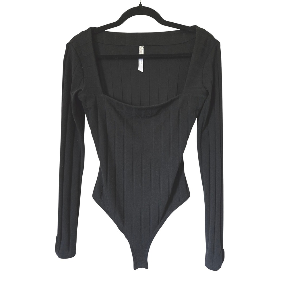 Free People Small Beside Me Ribbed Long Sleeve Thong Bodysuit Black Square Neck - Picture 2 of 11